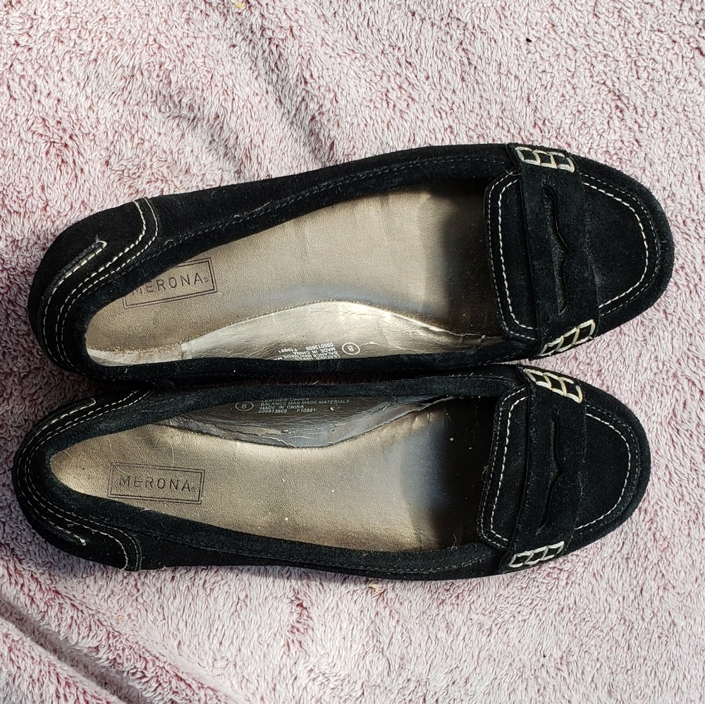 Black penny loafer type suede flats